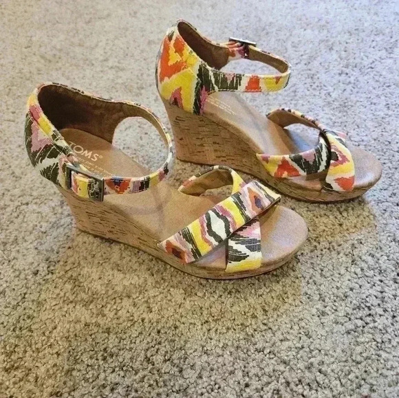 TOMS Multi-Color Espadrille Cork Wedge Sandal Women’s Ankle Strap Shoe, Size 7.5 - Picture 8 of 10